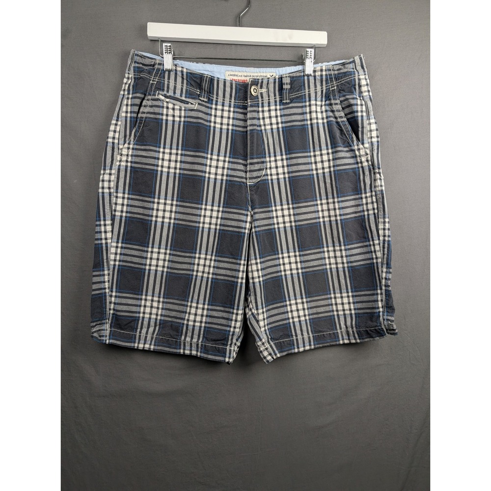 American Eagle Outfitters Longboard Mens Plaid Flat Front Shorts Blue White 36
